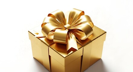 A luxurious golden gift box with a beautiful satin bow, isolated on a white background