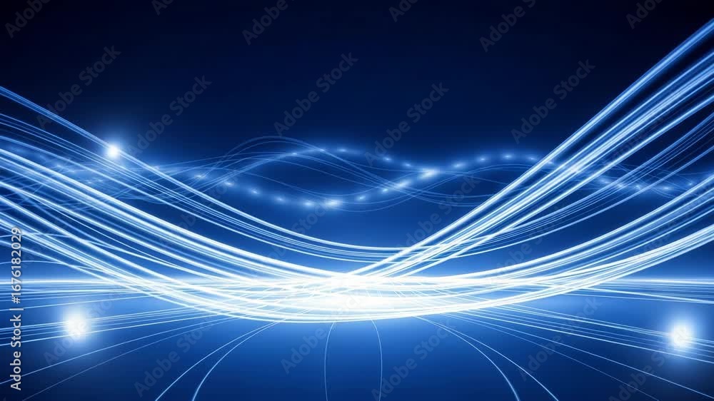Poster abstract blue light trails curve and flow across a dark background, creating a sense of speed and te