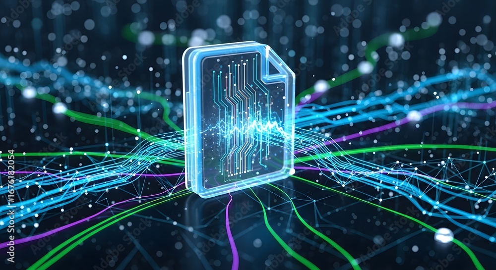 Aufkleber glowing digital document icon surrounded by abstract data streams and connections