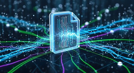 Glowing digital document icon surrounded by abstract data streams and connections
