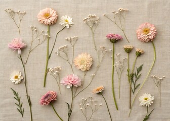 Flat Lay Dried Flowers on Linen Fabric Background