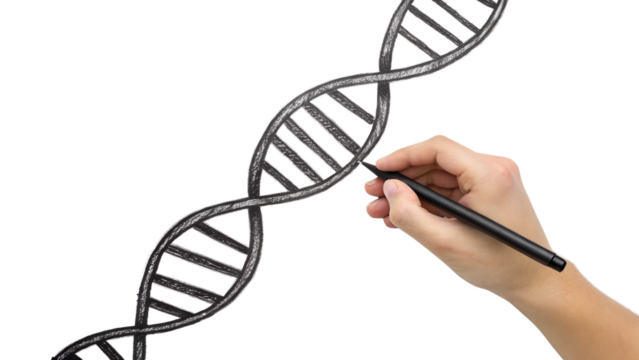 Hand drawing dna helix with pen isolated on transparent background, symbolizing genetic code and scientific research in the field of biology