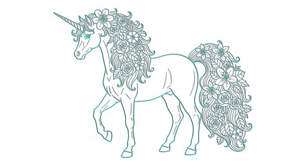 Fototapeta premium Coloring page unicorn prances amid stars, hearts, and swirling mane, inviting vibrant marker magic. 