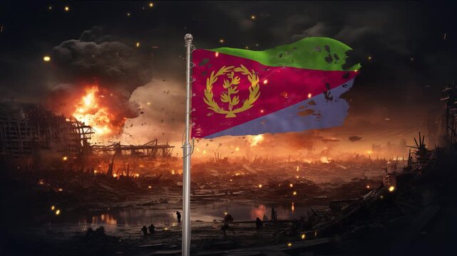 Eritrea flag waving in war is torn