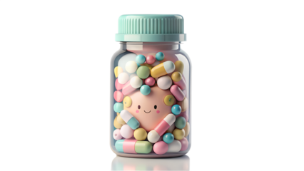 Cute glass bottle filled with colorful pills and a smiling face, isolated on transparent background