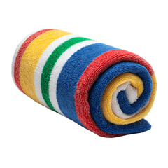 Vibrant rolled beach towel with rainbow stripes isolated on a clean surface for summer relaxation