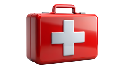 Red first aid kit with a white cross isolated on transparent background, a vital tool for emergency medical assistance and healthcare needs