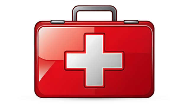 Red first aid kit with a white cross isolated on transparent background, a vital tool for emergency medical assistance and healthcare needs