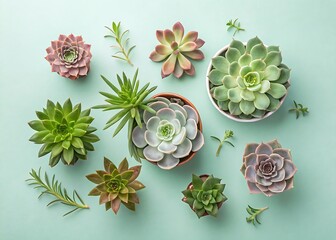 Flat Lay Succulents on Pastel Green Background