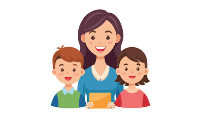 Happy mother with two children holding a gift box together