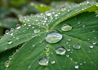 Fresh Dew Drops on Green Leaf Close Up Style