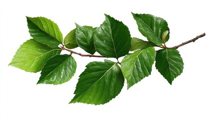 Obraz premium A branch with vibrant green leaves extends horizontally against a plain white background. Fresh, healthy foliage