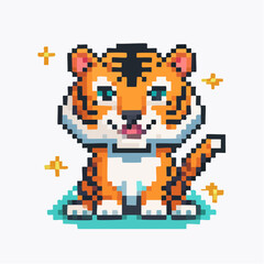 Cute Pixel Art Tiger Cub Icon, Wildlife Illustration