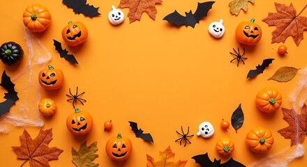 Halloween pumpkins, bats, spiders, and leaves are arranged on orange background