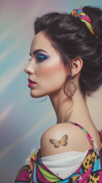 A close-up of a woman with a butterfly tattoo on her shoulder, her vibrant, futuristic outfit from 2050 featuring an eclectic mix of patterns and delicate lace details.