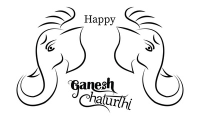 Happy Ganesh Chaturthi typography design. Lord Ganesh Chaturthi calligraphy outline graphic design. Hindu spiritual celebration text background. Lord Ganesha line art illustration.