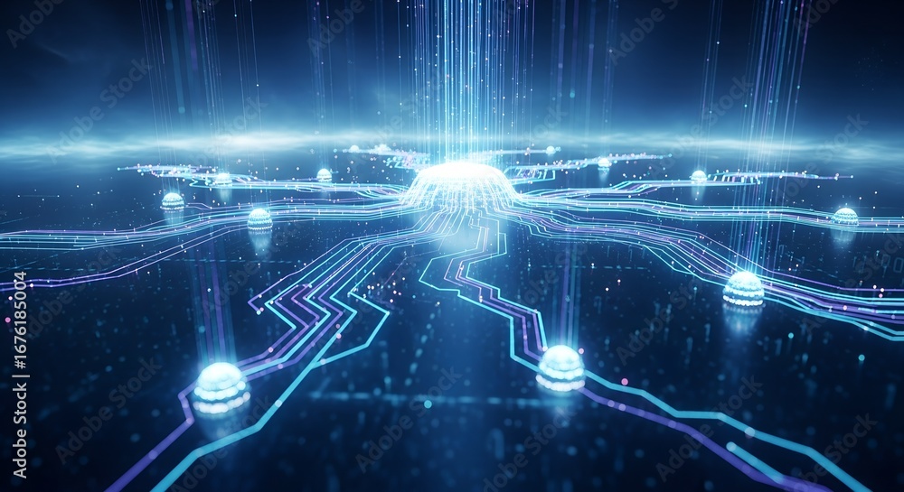 Fototapete futuristic data network with glowing nodes and circuit paths evoking artificial intelligence and tec
