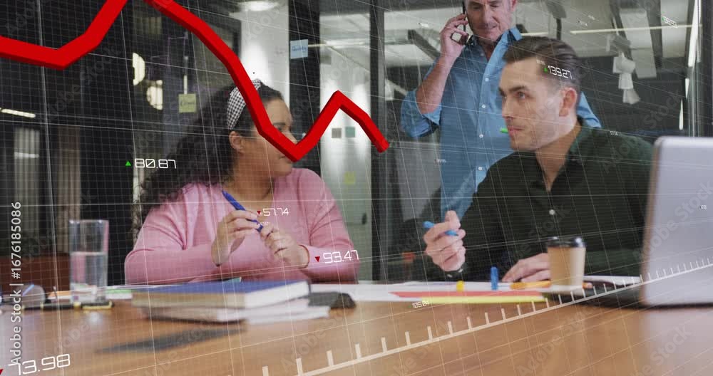 Poster colleagues analyzing declining business graph triggered by red line dip while planning response