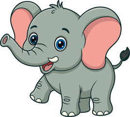 Adorable cartoon baby elephant with big ears smiling happily, vector jungle wildlife animal illustration, cute zoo character, playful safari drawing