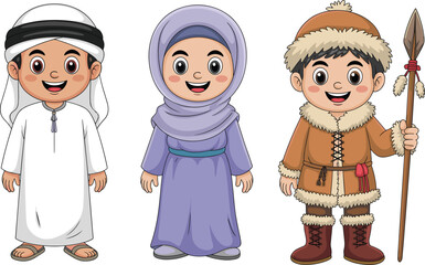 Cartoon Arabian boy, Muslim girl in hijab, Eskimo child in fur coat, traditional cultural clothing, ethnic diversity, cute kids illustration