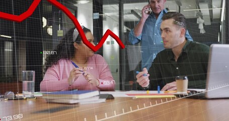 Colleagues analyzing declining business graph triggered by red line dip while planning response - Powered by Adobe