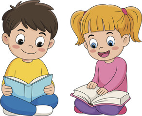 Cute cartoon boy and girl reading books happily, children education illustration, kids studying, learning together, school reading, knowledge, vector art