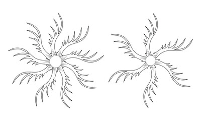 Radial sun burst vector, icon set. Abstract sunburst vector illustration outline symbol. Radial shiny shape, light ray on white background. Sunburst design concept collection.