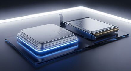 Modern computer processors or cpus with futuristic neon blue lighting