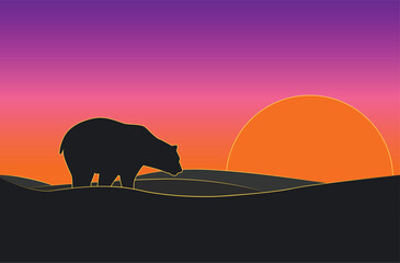 Silhouette of a bear walking across snowy hills at sunset, with an orange sun and a gradient sky. Minimalist wildlife landscape with golden outlines and a calm atmosphere.