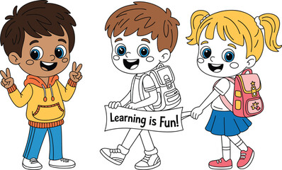 Happy cartoon school children with backpacks smiling, boy and girl holding learning is fun banner, back to school kids illustration vector