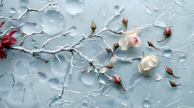 Delicate white roses bloom on frosted branches against a serene, icy blue backdrop with glistening water droplets - Powered by Adobe