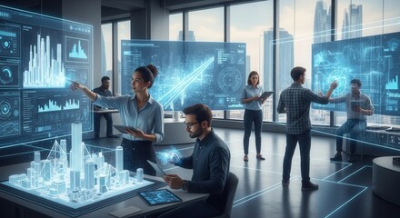 A group interacts with holographic displays in a modern office setting showcasing data and a city model