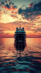 Luxury yacht sailing across calm ocean waters under a dramatic sunset sky