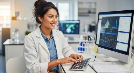 A smiling woman in a lab coat sits at a desk typing on a keyboard while looking at a computer screen displaying graphs