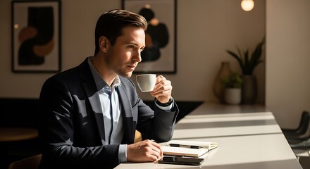 Man in suit drinks coffee