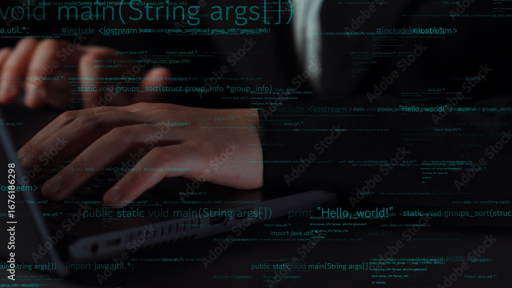 Aufkleber a close-up view of hands typing on a laptop keyboard with visual elements of programming code in a d