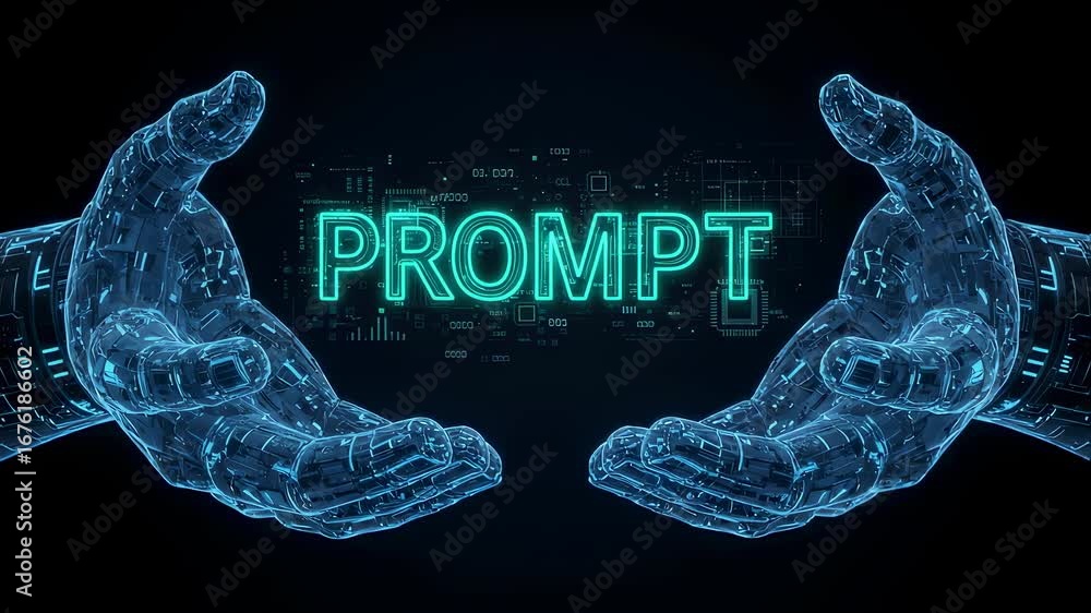 Poster digital hands forming and holding the word prompt with data visualization moving, artificial intelli