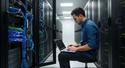 Man in a server room with a laptop surrounded by network cables and server racks