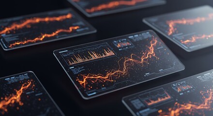 Futuristic transparent tablets display dynamic data visualizations, showing complex financial or scientific information.