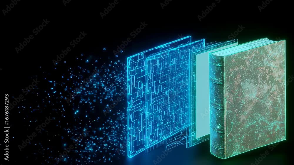 Poster digital information transfers from circuit board to book, signifying concept of knowledge digitizati