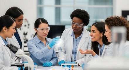 Six female scientists in lab coats examine beakers and microscopes in a welllit laboratory