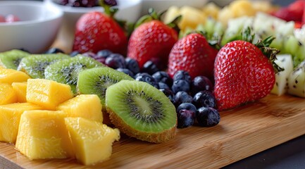 Fresh fruit platter arranged on a wooden board