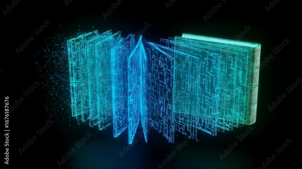 Poster a digital book with abstract circuit patterns on its pages, showcasing innovation and future technol