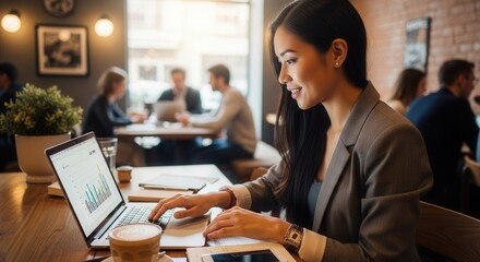Woman at cafe works on laptop showing a graph surrounded by coffee and other patrons