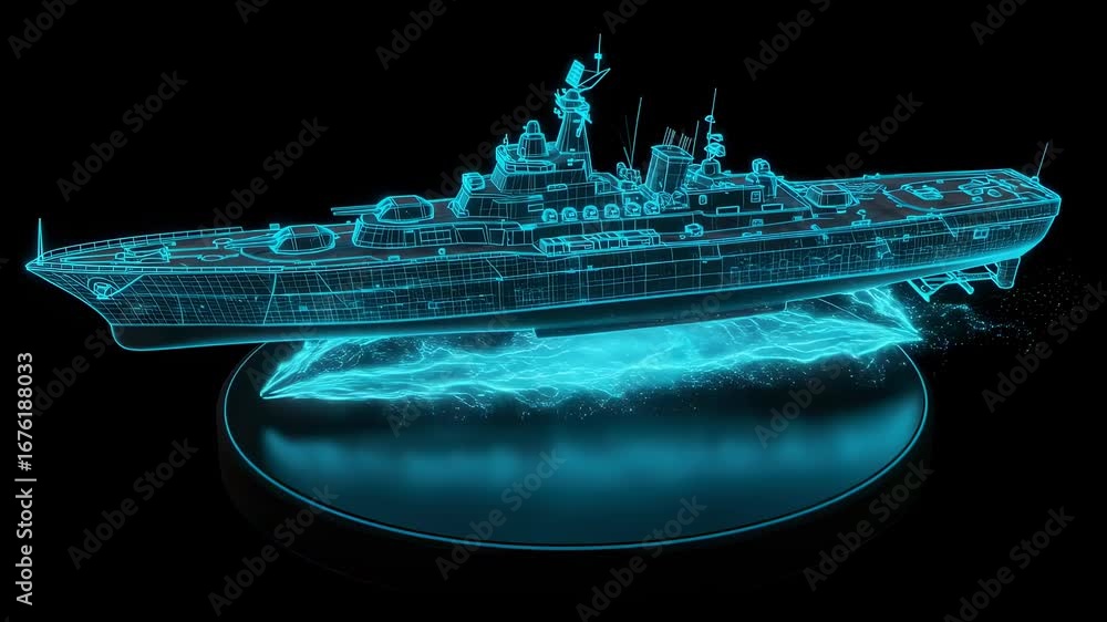 Poster blueprint hologram of a military battleship on a display turntable. digital wireframe model of naval