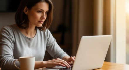 Fototapeta premium Woman works on laptop by bright window with coffee mug in view