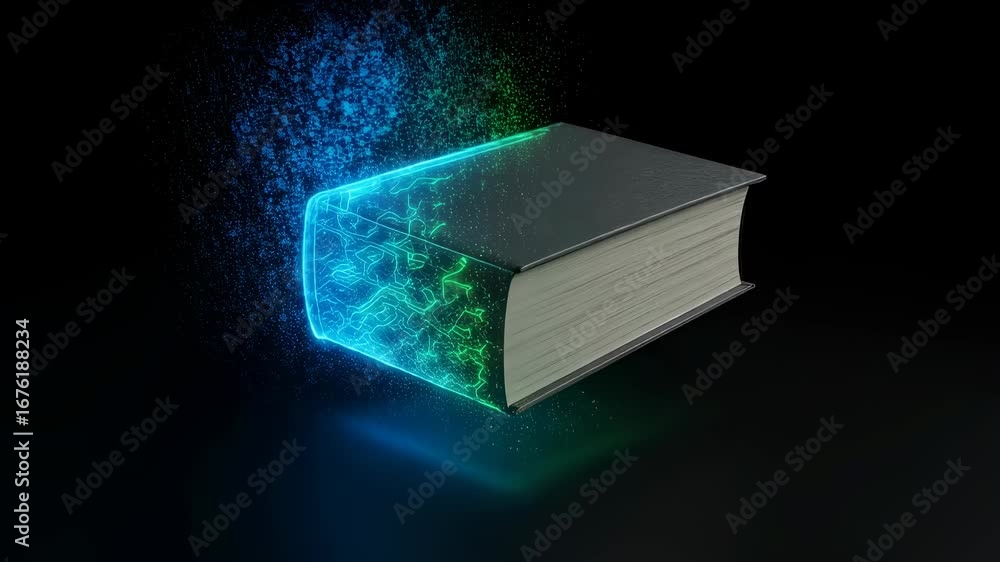 Poster book with glowing circuit patterns and dissolving particles on a dark background for digital knowled
