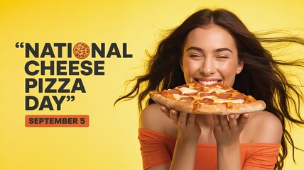 National Cheese Pizza Day, Tasty slice of cheese pizza with bright yellow background.