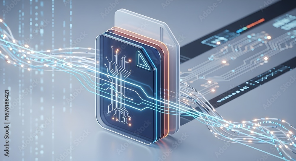 Poster futuristic digital credit card with glowing data streams and abstract circuit board patterns