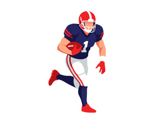 Obraz premium American Football Player Running with Ball in Blue Uniform and Red Helmet, Action Sports Athlete in Motion on Field, High-Energy Outdoor Game Scene with Protective Gear and Athletic Wear